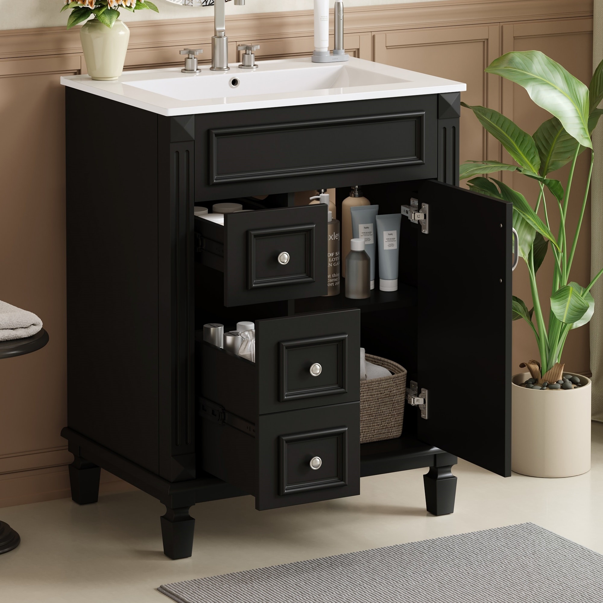 Bathroom Vanity with Ceramic Sink, Small Bathroom Storage Cabinet, Bathroom Cabinet with 2 Drawers & Adjustable Shelf