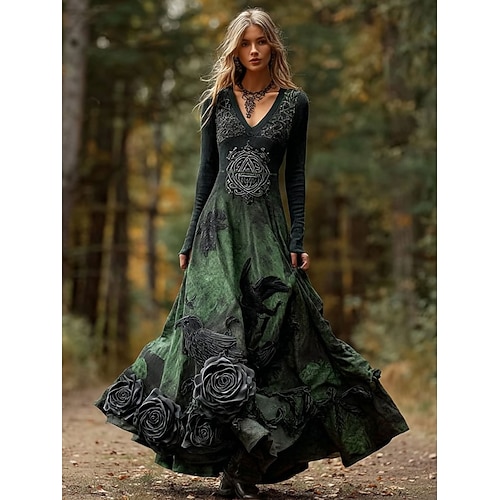 Damen Maxi-Kleid A-Linie Kleid Plisseekleid Fit und Flare Kleid Boho Date Regelmäßige Passform Blumengrafik Langarm V-Ausschnitt Grün Frühling Herbst Winter Image
