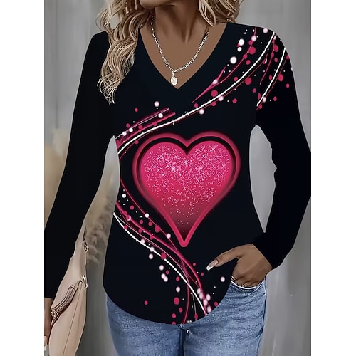 Damen T Shirt Druck Herz Grafik Vintage Stilvoll Klassisch Langarm V Ausschnitt Normale Oberteile Täglich Rosa Frühling Herbst Image