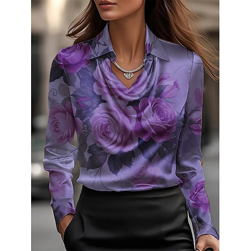 Damen Hemd Elegant Satin-Top Seiden-Oberteile Druck Drapiert Blumen Elegant Stilvoll Lässig Langarm Wasserfallausschnitt Normale Oberteile Täglich Arbeit Ferien Rosa Purpur Frühling Herbst Image