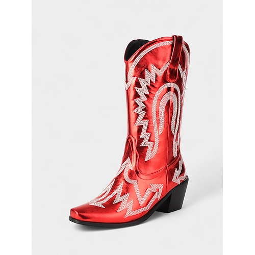 Rote Cowboystiefel aus Lacklederimitat für Damen mit glitzernder Stickerei, Westernstil, klobiger Absatz, perfekt für Weihnachten, Country-Musik-Events und Feiertagsfeiern Image