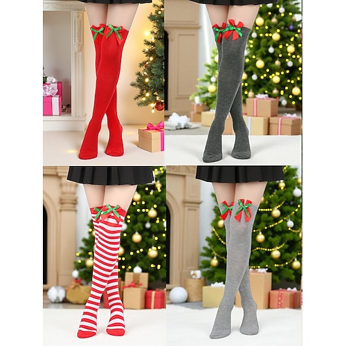 Damen Weihnachtsstrümpfe Set, 4 Paar gestreift einfarbige rote Weihnachtsstrümpfe mit Schleifen und Bommeln, festliche Overknee-Socken für Winterpartys Geschenke Image