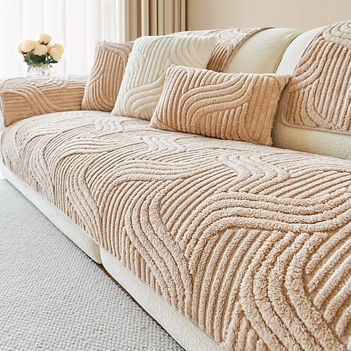 Cremefarbener Plüsch-Sofakissenbezug, 2025 neues, verdicktes, rutschfestes Sofa-Sitzpolster, weicher Schonbezug für das Sofa Image