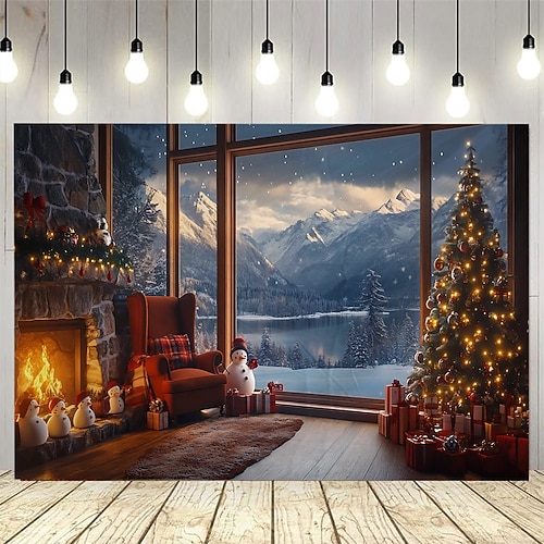 Weihnachtskamin Wandteppich mit Fensterszene, große Wanddekoration zum Aufhängen, Stoff für Fotohintergrund, Heimtextilien für Schlafzimmer, Wohnzimmer oder Büro Image