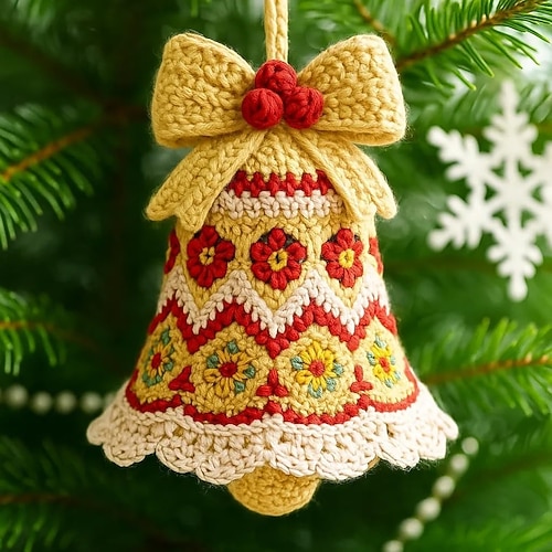 DIY-Häkelset für Weihnachtsglockenornamente, DIY-Häkelset für Weihnachtsbaum, komplettes Bastelset für Anfänger mit Garn Anleitung, hängende gestrickte Weihnachtsbaumglocke, perfekt für Anfänger Image