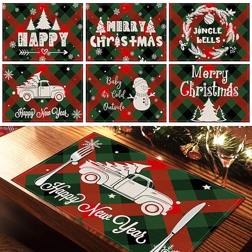 6 stücke weihnachten rote schneeflocke Hitzebeständige Tischsets mit Weihnachtsbaum und Schneemann, quadratische Tischsets aus Leinen für Esszimmer, Küche oder Restauranttischdekoration, Image