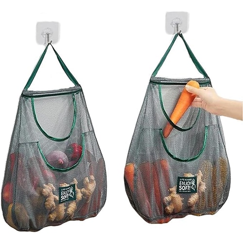 doppellagige große hängende Netz-Aufbewahrungstasche für Küchengemüse, an der Wand montierter Zwiebel-Knoblauch-Organizer-Sack mit Griffen, atmungsaktive Mehrzweck-Netztasche Image