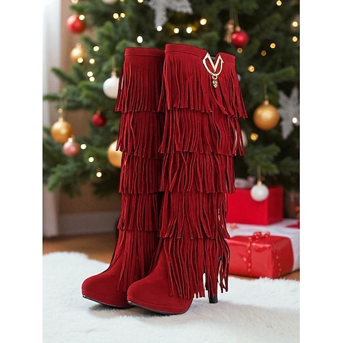 Rote Wildlederstiefel mit Fransen und goldenem Akzent für Damen – stylischer Urlaubslook, perfekt für Weihnachtsfeiern und festliche Anlässe Image