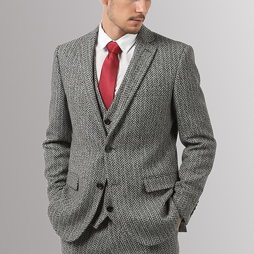 Herren Tweedanzüge Lässig Geschäft Schwarz Braun Herbst Winter Anzug Gekerbtes Revers Mode Täglich Einfarbig Schmale Passform 3-teilig Einreihige Zwei-Knopf-Jacke Image