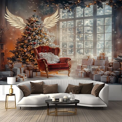 Weihnachtsteppich mit Weihnachtsmann, Weihnachtsbaum Elfe, Wanddekoration, Heimtextilien für Schlafzimmer, Wohnzimmer oder Büro Image