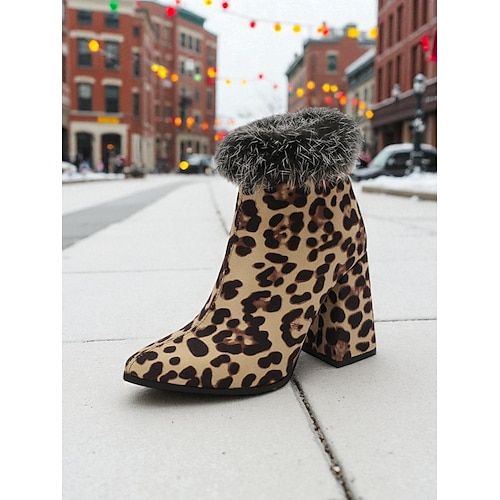 Rote Wildlederstiefeletten für Damen mit Kunstfell-Umschlag, klobigem Blockabsatz, stylischer spitzer Zehenpartie, perfekt für den Winter, Weihnachtsfeiern und festliche Anlässe Image