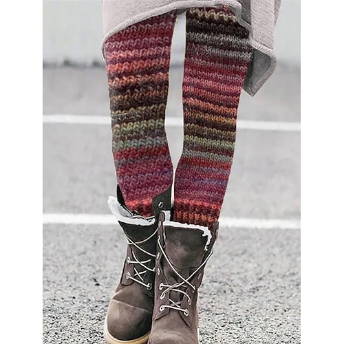 Damen Leggings Urlaub Vintage Mode Volle Länge Hohe Taille Grafik Geometrisch Abstrakt Kordelzug Patchwork Drucken Thermowarm Weich Atmungsaktiv Dehnbar Täglich Outdoor Urlaub Fuchsie Braun Grün Image