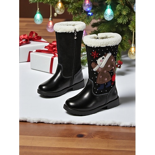 Rote Weihnachtsstiefel für Kinder mit Schneemann-Design und Pelzbündchen – festlicher Feiertagsstil, perfekt für Weihnachtsfeiern und Winterspaß Image