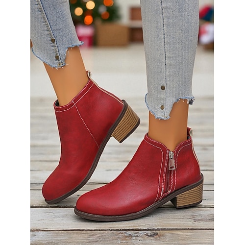 Rote Damenstiefeletten mit Reißverschluss – stylische Stiefeletten aus Kunstleder mit Blockabsatz für Weihnachten, Freizeit und Arbeit Image