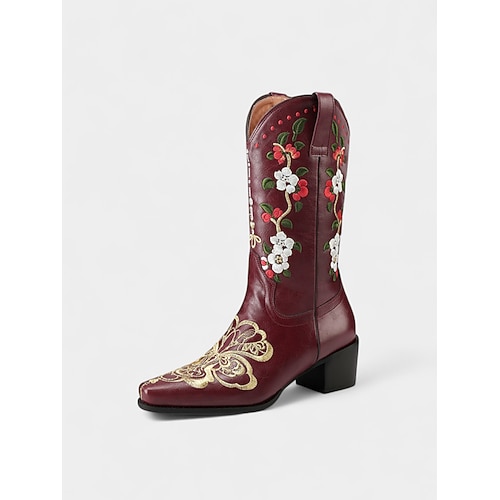 Rote Cowboystiefel aus Kunstleder für Damen mit Blumenmuster und Stickereien, Blockabsatz, Retro-Westernstil, perfekt für Festivals, Freizeitausflüge und Weihnachten Image