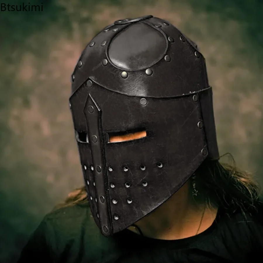 Mittelalterlicher Ritter Templer Cosplay Kreuzritter Helm Wikinger Piraten Krieger Leder Kopf Rüstung Maske Hut Soldat Kostüm Spiel Zubehör