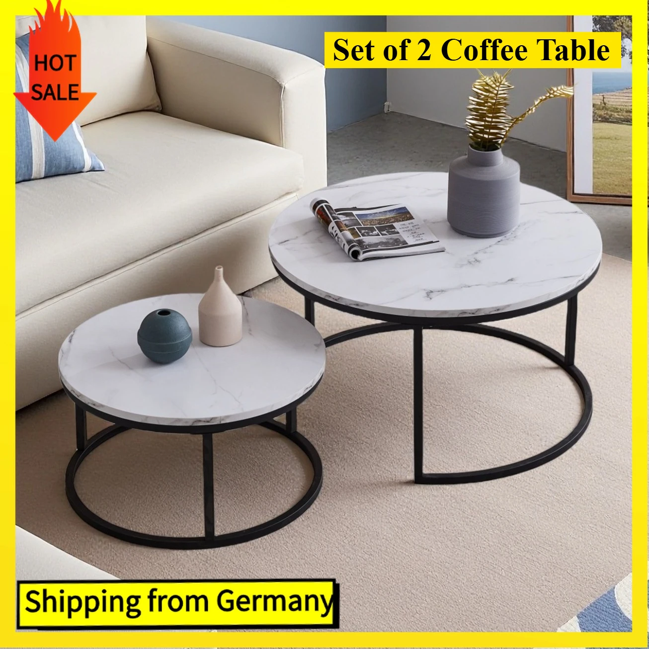 Comanlai 2er-Set moderner runder Couchtisch, Beistelltisch mit Stauraum und Metallrahmen, Couchtisch für Wohnzimmer, Schwarz