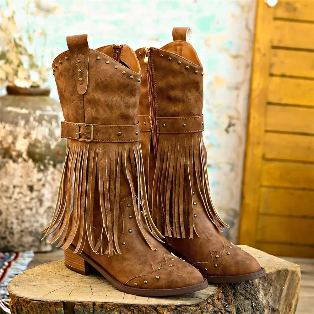 Marken-Winter-Vintage-Westernstiefel mit Fransen, Retro-bequemes Gehen, Übergröße 43, Reißverschluss, mittelhohe Quaste, Cowboystiefel, Damenschuhe Image