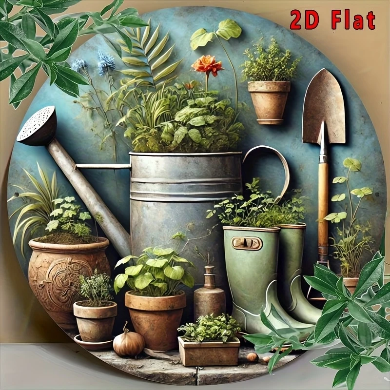 2D 8 Zoll Retro-Gartengeräte und Topfpflanzen mit runden Holzscheiben, Gartenmöbel im ländlichen Stil, Pavillon-Dekorationen für den Innenbereich Image