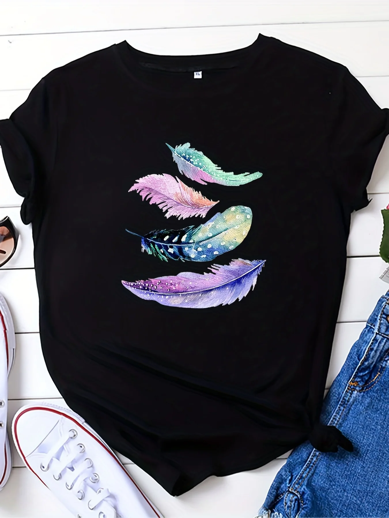 Casual T-shirt frauen Plus Feder Drucken Kurzarm Rundhals T-shirt Harajuku Hülse Kleidung Straße Ästhetische Kleidung Image