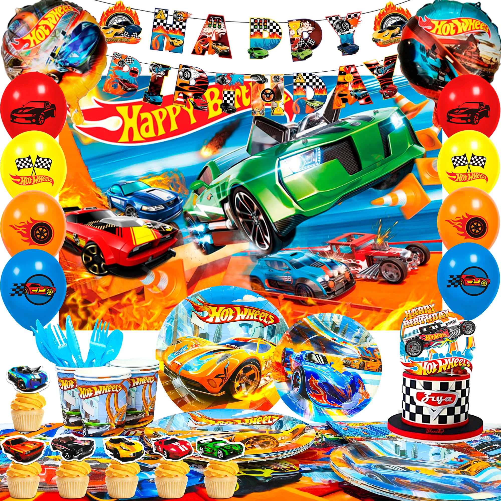 Hot Wheels Party Supplies,114 Pcs Hot Wheels Birthday Decorations Party&Tableware-Race Car Plates Tablecloth Backdrop Banner etc