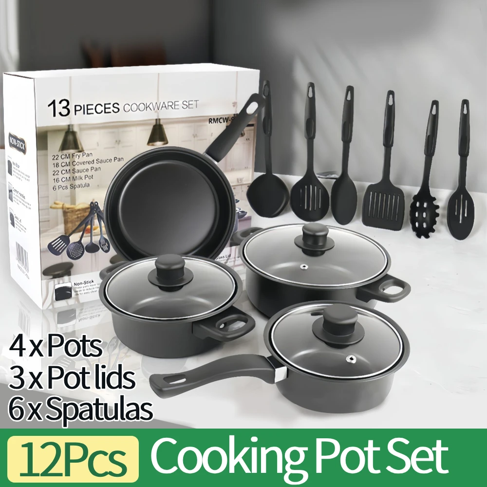 12-teiliges Antihaft-Kochgeschirr-Set, schwarz, Induktions-kompatibles Topf- und Pfannen-Set mit Bratpfanne, Utensilien für Küche, Camping, stapelbarer Topf Image