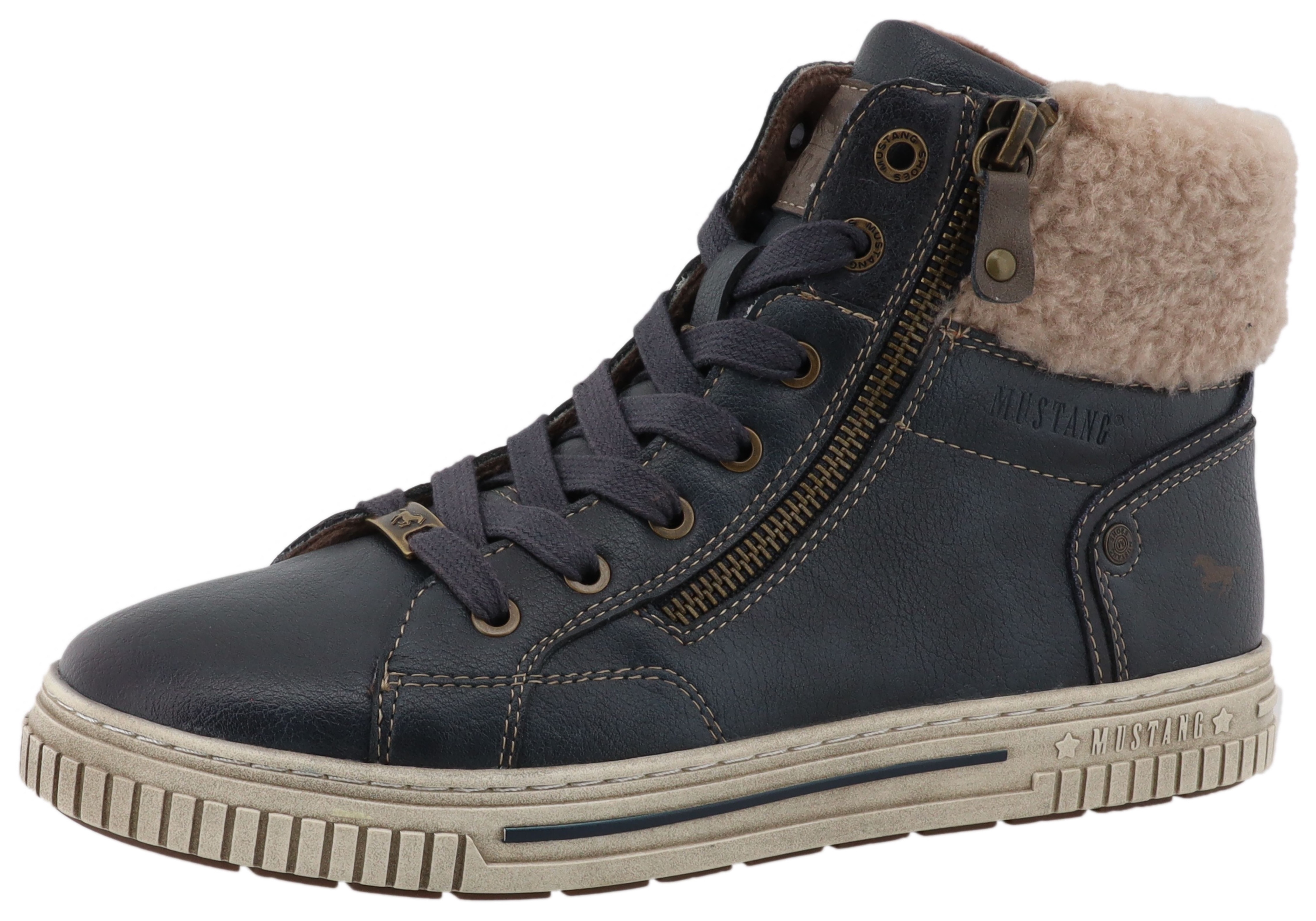 Winterboots MUSTANG SHOES "Janique", Damen, Gr. 38, blau (navy), Lederimitat, Textil, used, Schuhe Winterboots, High Top Sneaker, Winterboots mit Warmfutter, Topseller