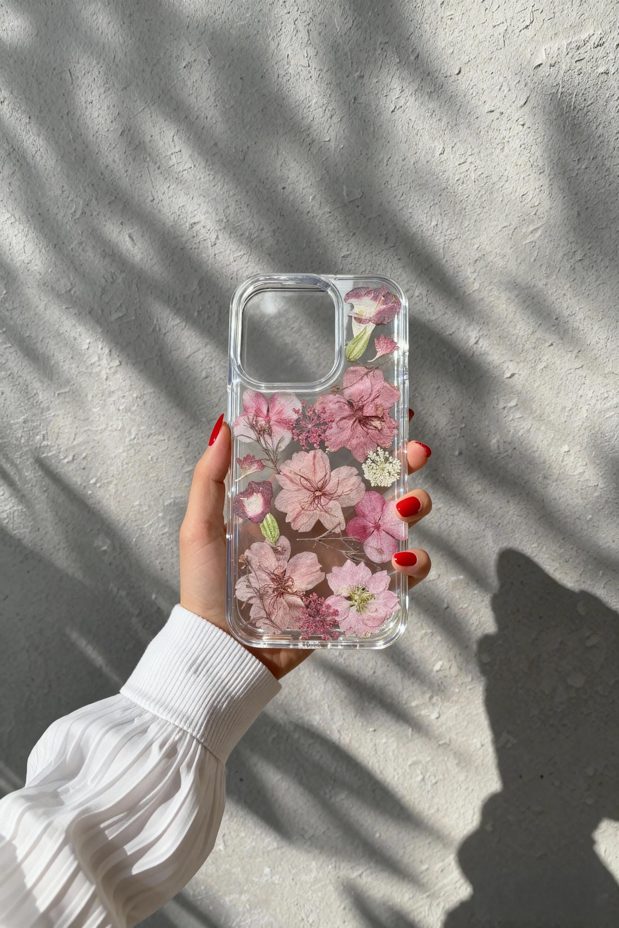 Custodia per telefono con fiori pressati rosa veri per iPhone 17 16 15 14 13 12 11 Pro Max, Samsung S23 S24 S25 Ultra, Google Pixel 7 8 9 Pro XL
