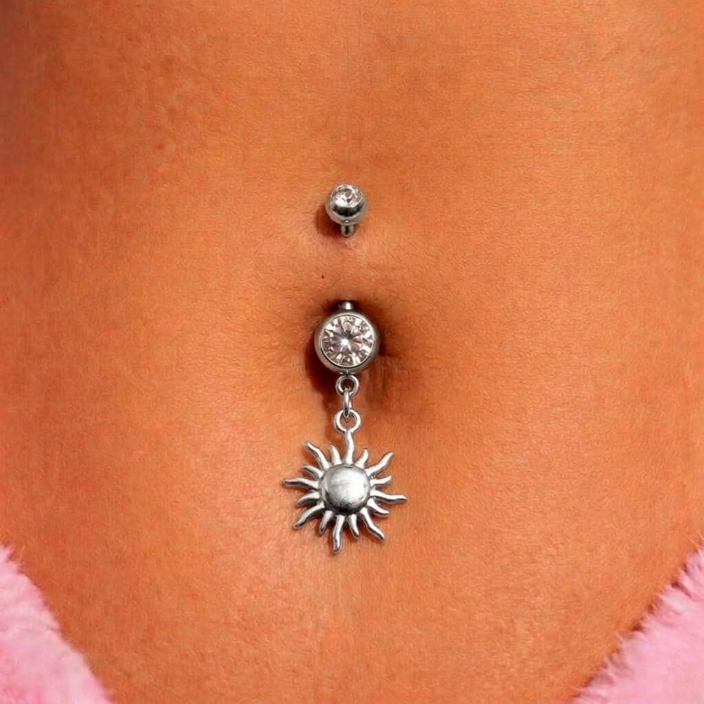 Piercing all'ombelico a forma di sole, piercing all'ombelico pendente, piercing all'ombelico in acciaio chirurgico, piercing all'ombelico a forma di s