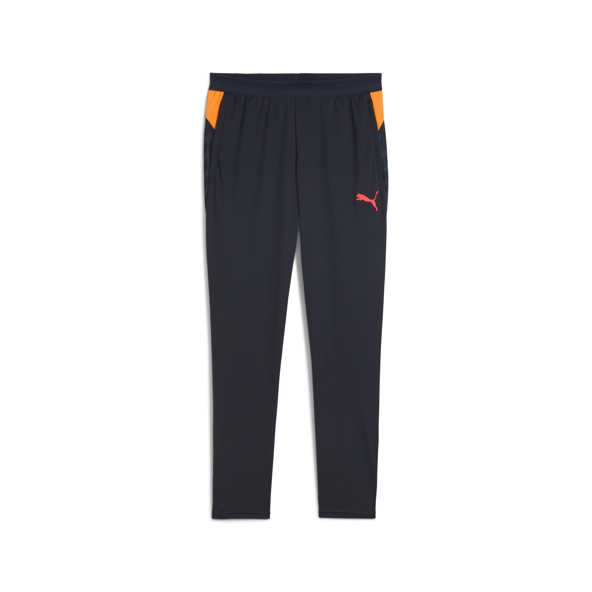 Sporthose PUMA "IndividualCUP Fußball Trainingshose Herren", Damen, Gr. S, Normalgrößen, new navy glowing rot heat fire blau orange, Obermaterial: 100% Polyester; Taschenfutter: 100% Polyester; Unterer Bund: 89% Polyester, 11% Elasthan, bedruckt,...
