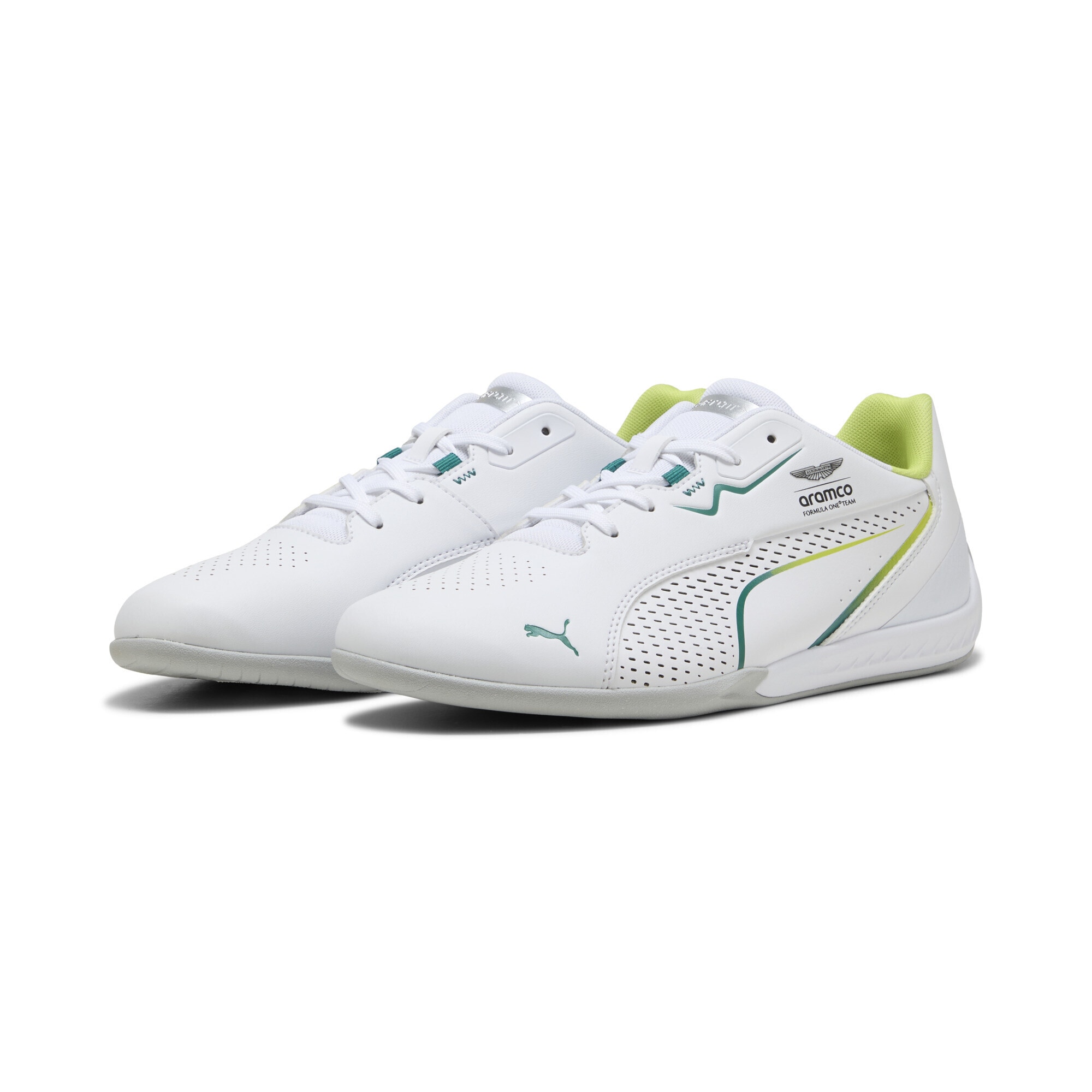Sneaker PUMA "PUMA x ASTON MARTIN ARAMCO F1 TEAM Drift Cat 11 Sneakers", Damen, Gr. 46, weiß grün lux, Obermaterial: Synthetik, Textil; Futter: Textil; Innensohle: Textil; Laufsohle: Gummi, Schuhe Sneaker