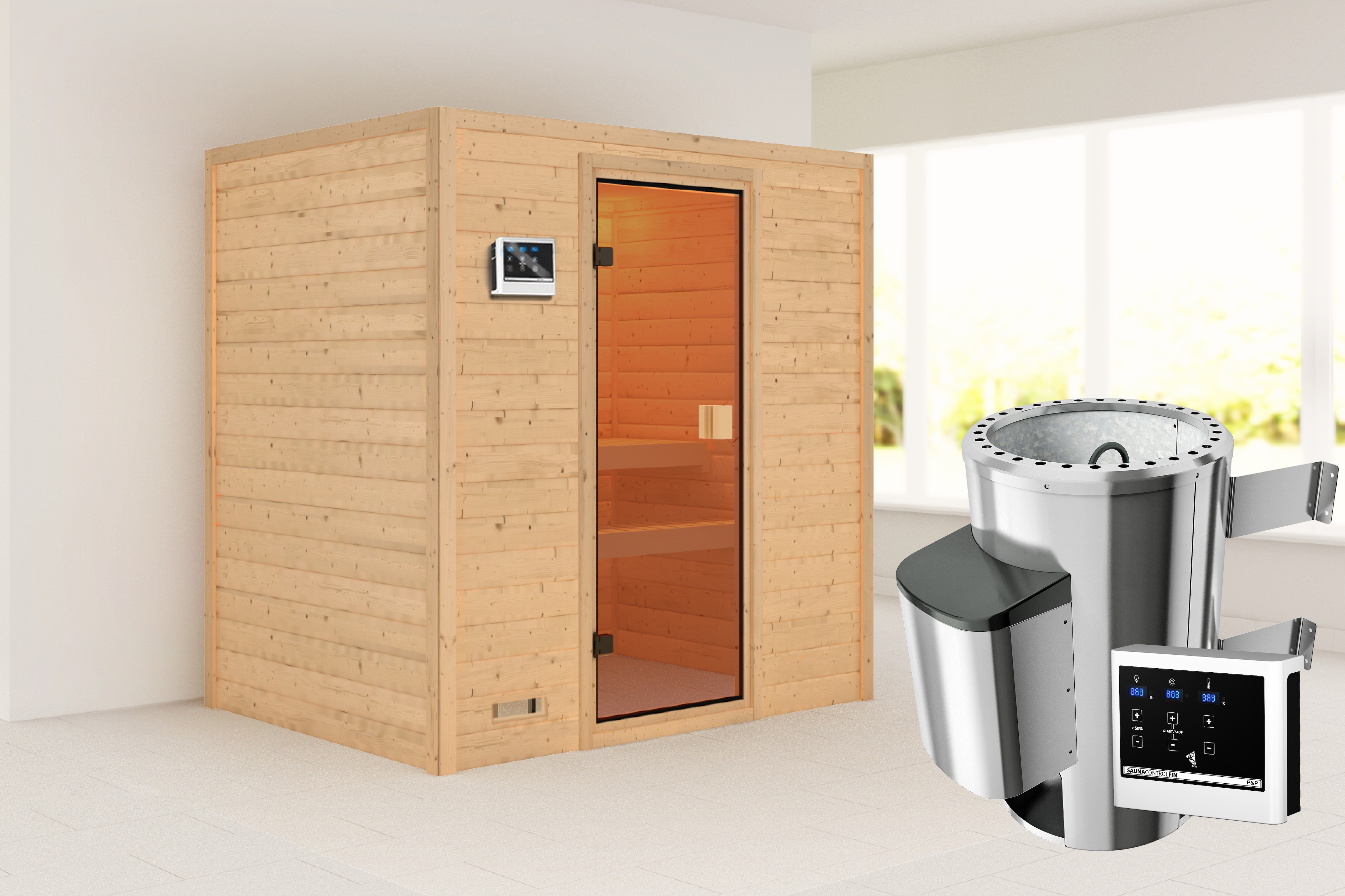 Sauna KARIBU "Sunie" mit bronzierter Tür, naturbelassen", beige (naturbelassen), Saunaofen, externe Steuerung, 230 kW, Saunen, aus hochwertiger nordischer Fichte
