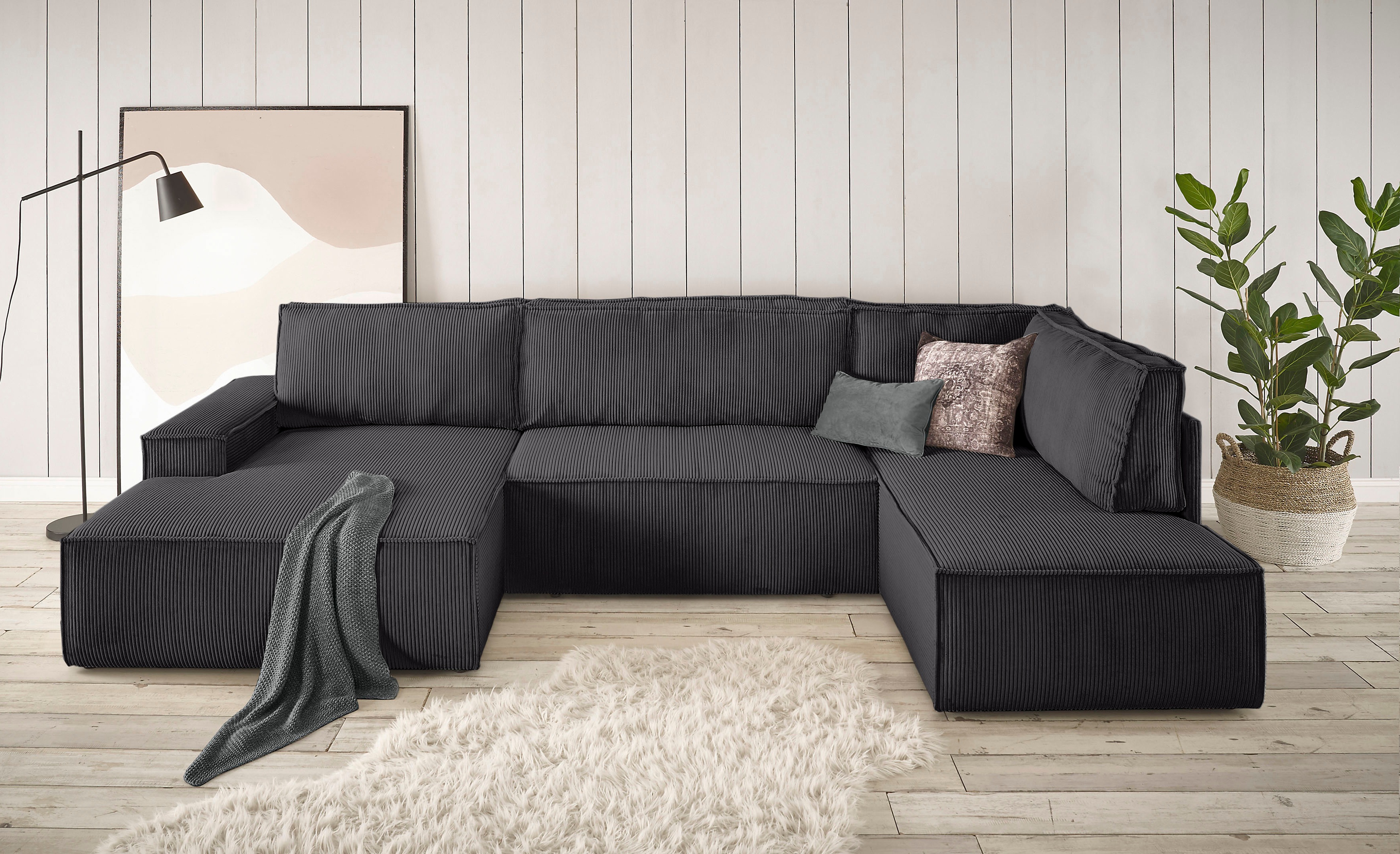 Wohnlandschaft HOME AFFAIRE "SHERWOOD 329 cm, U-Form, Schlafsofa", anthrazit, B:329cm H:85cm T:195cm, 100% Polyester, Sofas, Wohnlandschaft, Schlaffunktion m. Bettkasten (194x139 cm), Cord, Vintage, Samtvelours