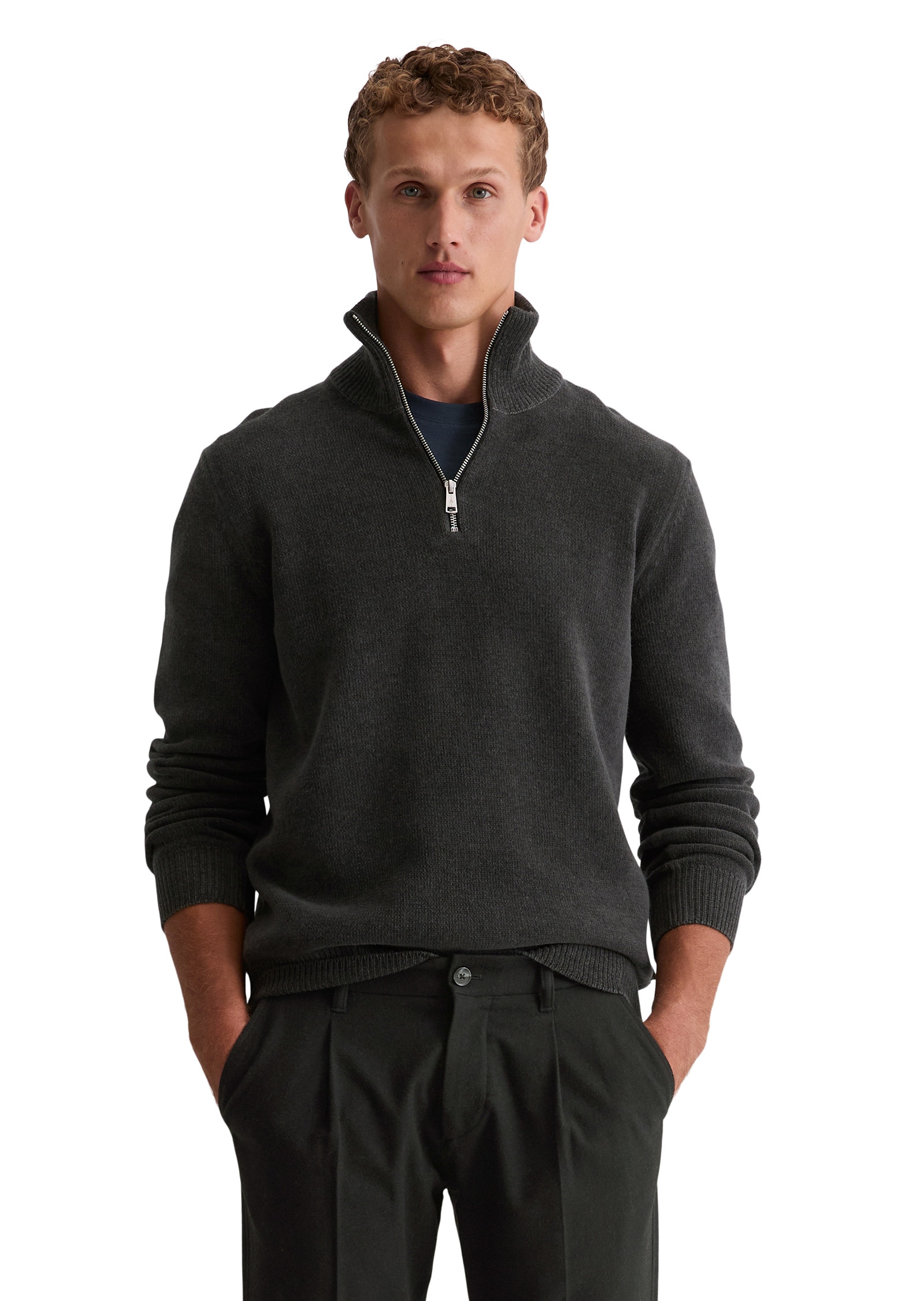 Troyer MARC O'POLO "aus feiner Chenille", Herren, Gr. L, broken graphite, Obermaterial: 74% Baumwolle, 21% Schurwolle, 5% Polyamid, unifarben, Pullover Troyer