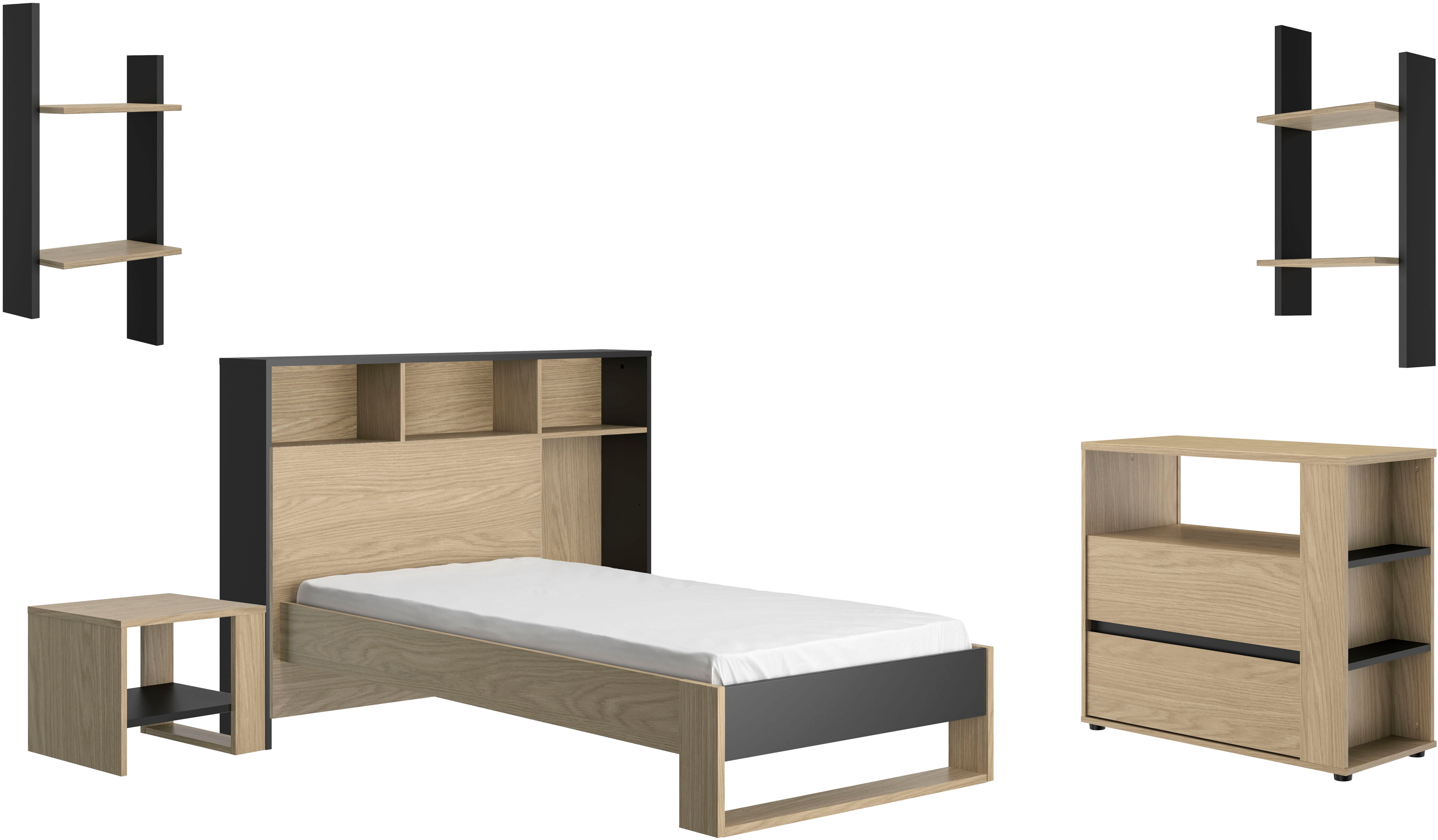 Schlafzimmer-Set GAMI "Nael SET N3", eiche rockwood nachbildung, uni schwarz, Eiche Rockwood Nachbildung / Uni Schwarz + ohne Matratze, B/H: 90cm x 200cm, Eiche Rockwood Nachbildung / Uni Schwarz, Schlafzimmermöbel-Sets, Elegant Schlafzimmer Image