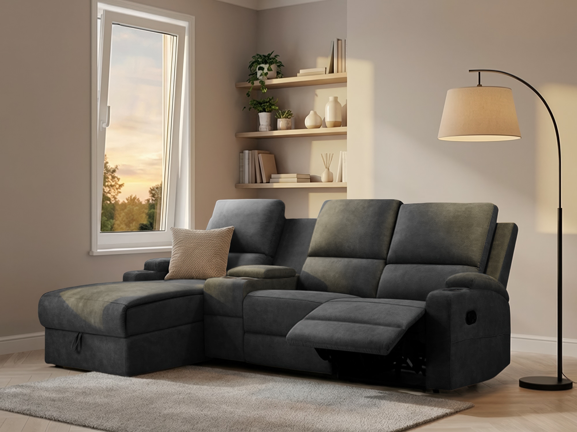 Ecksofa OTTO HOME "NAPORI Multimediasofa, 3er Kinosessel XXL, L-Form, 3 Bezugsstoffe", grau (anthrazit), B:240cm H:105cm T:155cm, Sofas, Ecksofa, Kinosofa mit Relaxfunktion, Getränkehalter, Staufach und Staukasten, Topseller