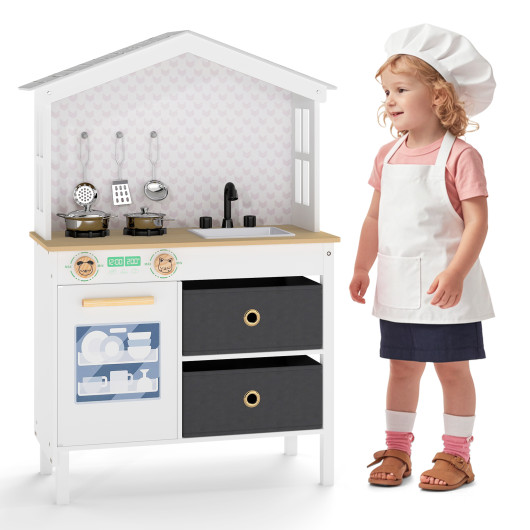 Costway Kids Play Kitchen Children Toy Kitchen Playset with 2 Stoves and Rotation Knobs-White