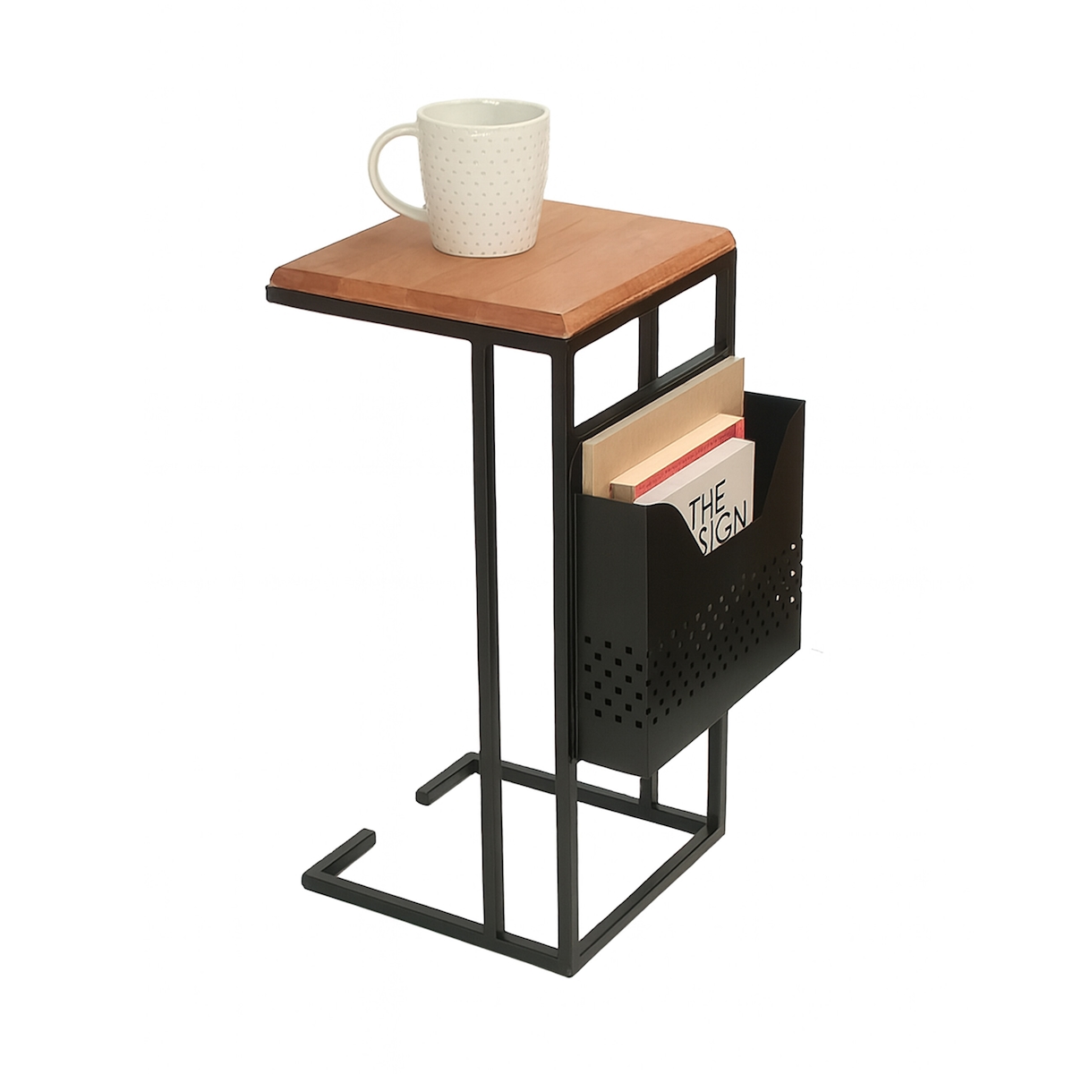 Relaxdays Beistelltisch mit Zeitungsablage, HBT: 63x30x37 cm, Holz, Metall, C-Form, Industrial Sofatisch, braun/schwarz Image