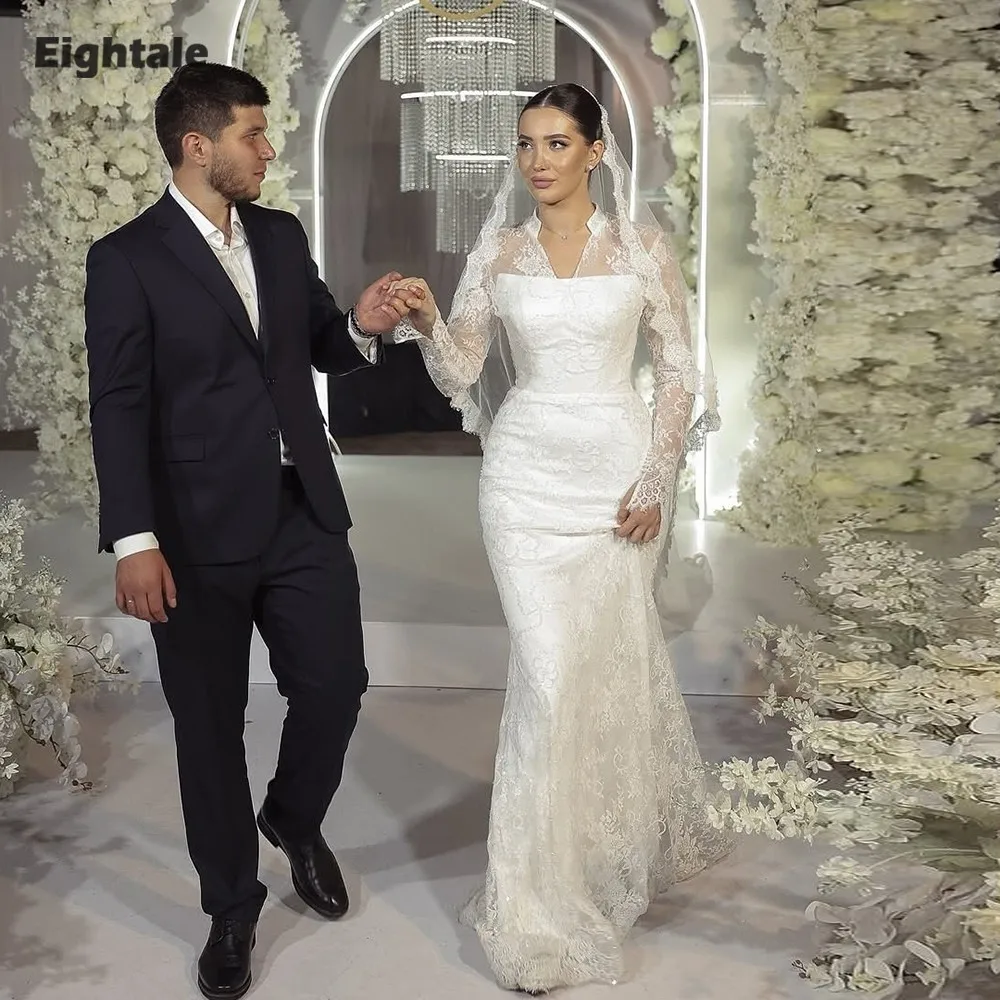 Eightale Arabisches Hochzeitskleid mit V-Ausschnitt, individuell gestaltet, weiß, elfenbeinfarben, Spitze, lange Ärmel, muslimisches Brautkleid, Meerjungfrau-Braut-Partykleid