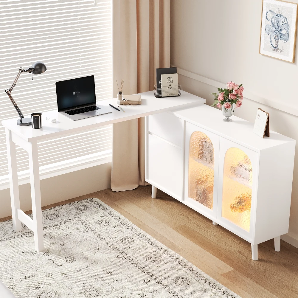 Schreibtisch mit LED 2-in-1-Sideboard und Arbeitsplatte 360 ° Drehbar mit Acryltür FSC-zertifiziert, weiß, 120 x 40 x 78 cm – Schreibtische, Eckschreibtische