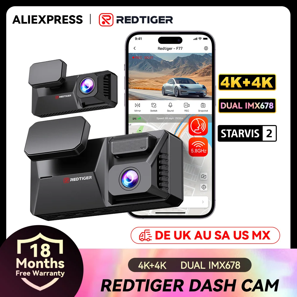 REDTIGER F77 Dashcam Vorne und Hinten 4K+4K HDR Dual Dashcam STARVIS 2 Nachtsicht Sprachsteuerung Eingebautes 128G 5,8GHz WLAN Image