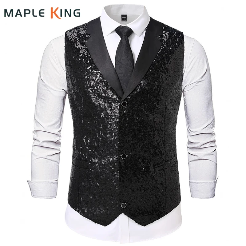Herren-Kleid mit schwarzen Splittern und glänzenden Pailletten, Weste, 2025, Steampunk, Herren, Nachtclub, Kostüm, Hochzeit, Bühne, Abschlussball, Party, Herrenanzüge, Weste Image