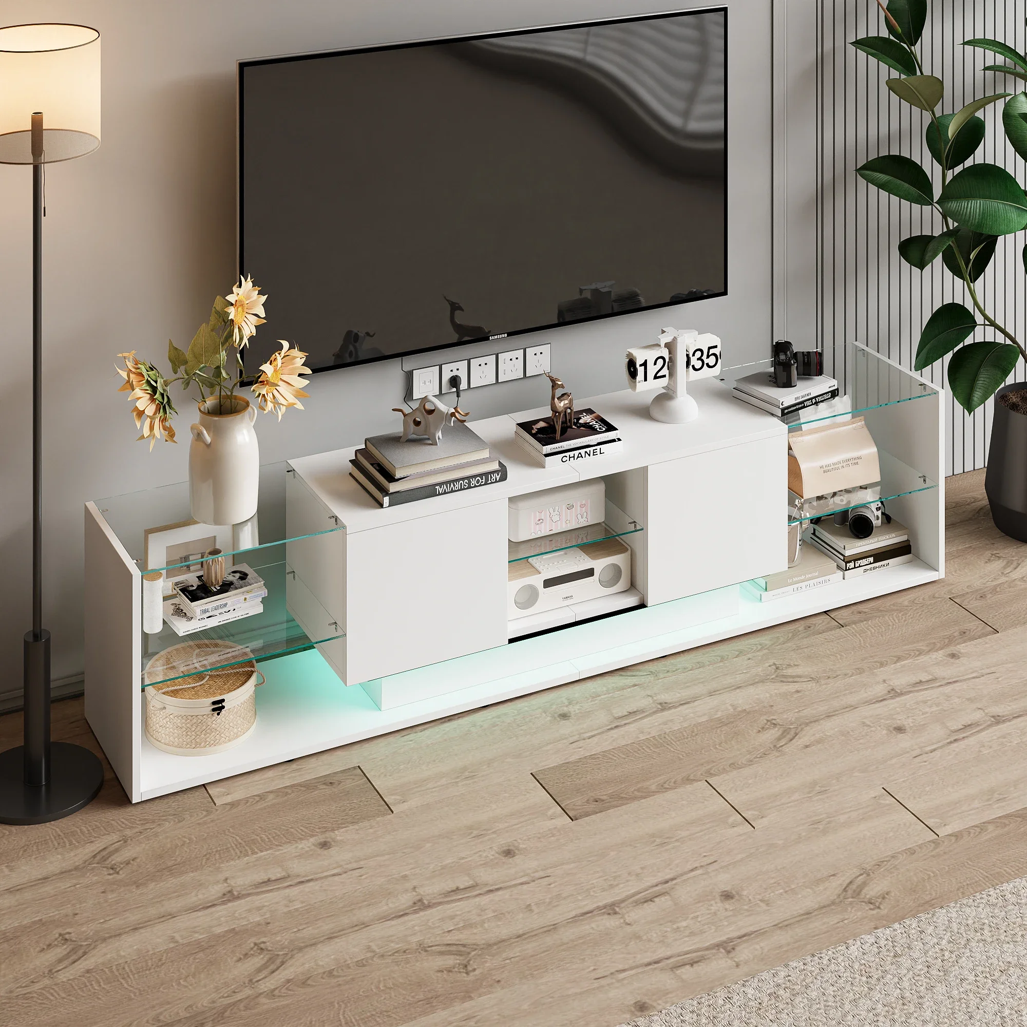 Rosahqnda TV Lowboard Schrank, TV Holz-TV-Ständer mit Hochglanzglas Regale, LED-Beleuchtung für Wohnzimmer, Esszimmer