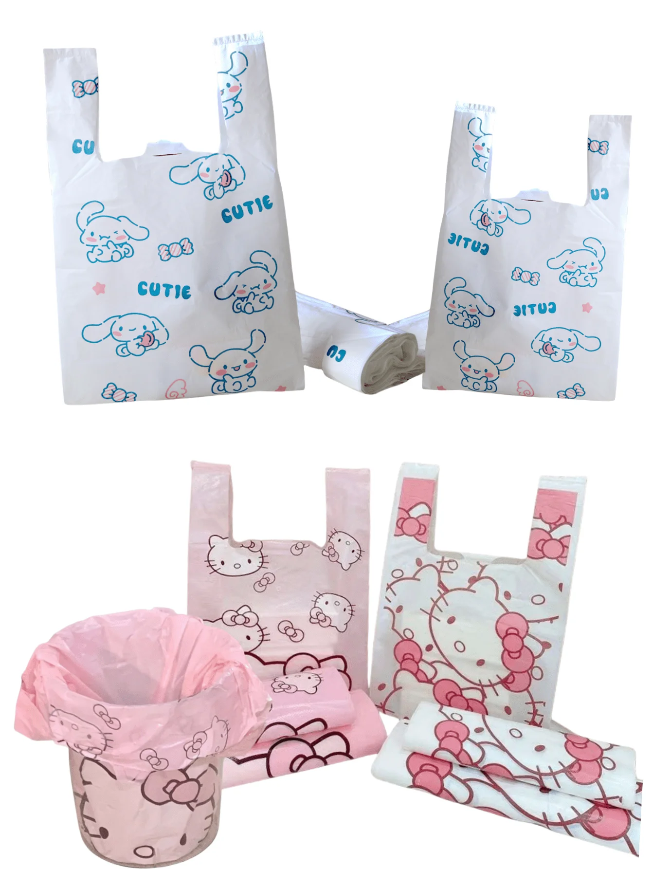 50 Stück doppellagige Hello Kitty-Plastiktüten, Müllsäcke, niedliches bedrucktes tragbares Design, ordentlich und ordentlich zum Organisieren von Müll