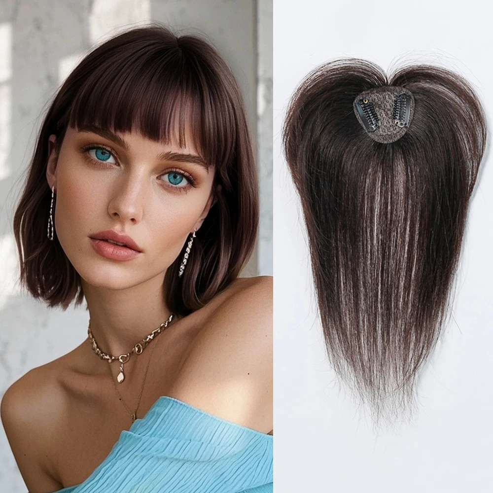100 % Remy-Echthaar-Topper mit Pony, dunkelbraune Haarteile, 3D-Wispy-Pony für Frauen, dünnes Haar, Echthaar-Topper zum Anklipsen Image