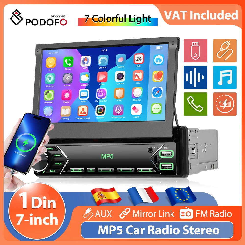 Podofo 7'' 1Din Auto-Multimedia-Player, einziehbarer Bildschirm, MP5-Player, Bluetooth, Spiegelverbindung, Touchscreen, AUX, EQ, Auto-Stereo-DVD