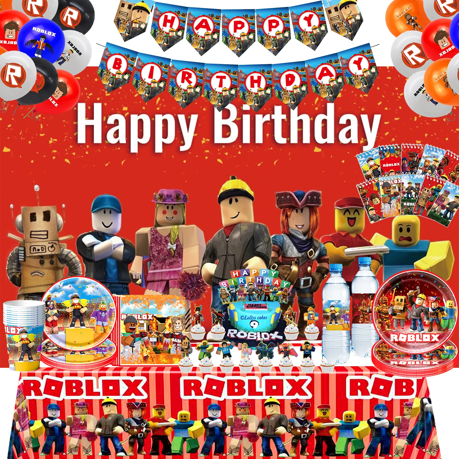 Roblox Geburtstagsparty-Thema-Dekorationen, Poster, Kuchendekoration, Ballon, Notizblock, Banner, Teller, Tassen, Hintergrund für Babyparty-Versorgung Image
