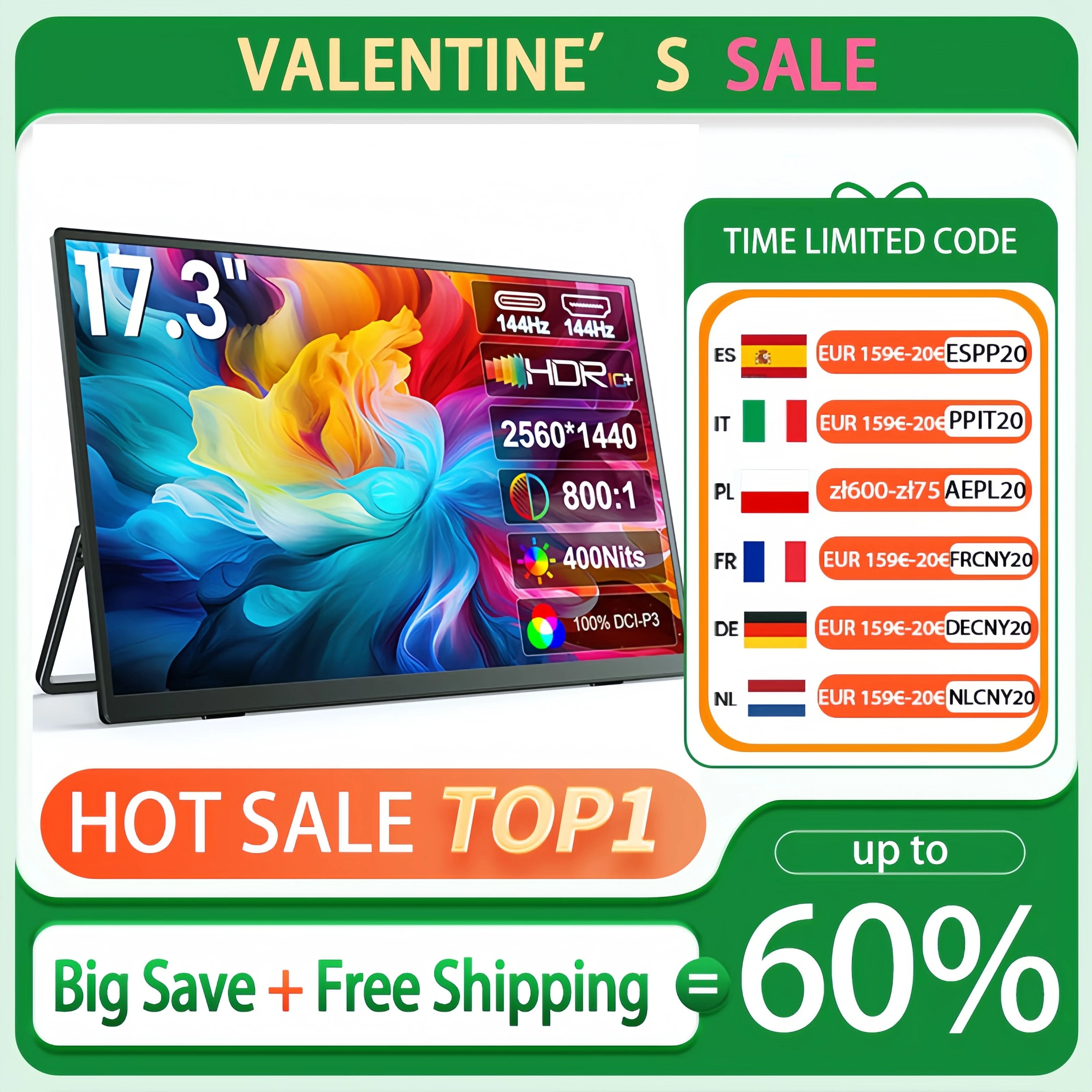 UPERFECT 17.3''144HZ QLED tragbarer Monitor 2560 x 1440P HDR Computer Gaming Screen 400cd/m² 100% sRGB HDMI USB-C IPS Display für Laptop PC Mac PS4/5 PC Telefon Xbox Switch Bulit-in Kickstand & Image