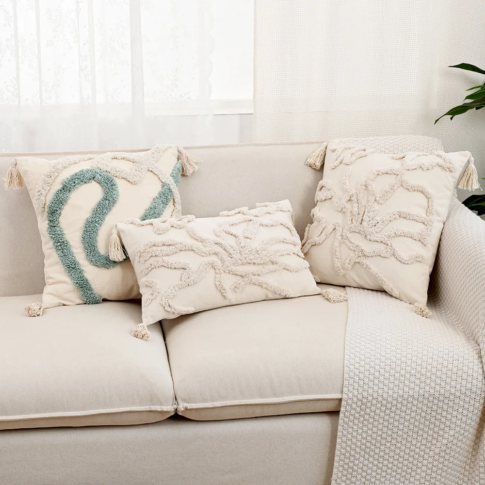 Böhmischer Ethno-Stil Kissenbezug Funda Cogines De 45x45 Baumwolle getuftete Jacquard-Stickerei Beige Dekokissen Kissenbezüge Image