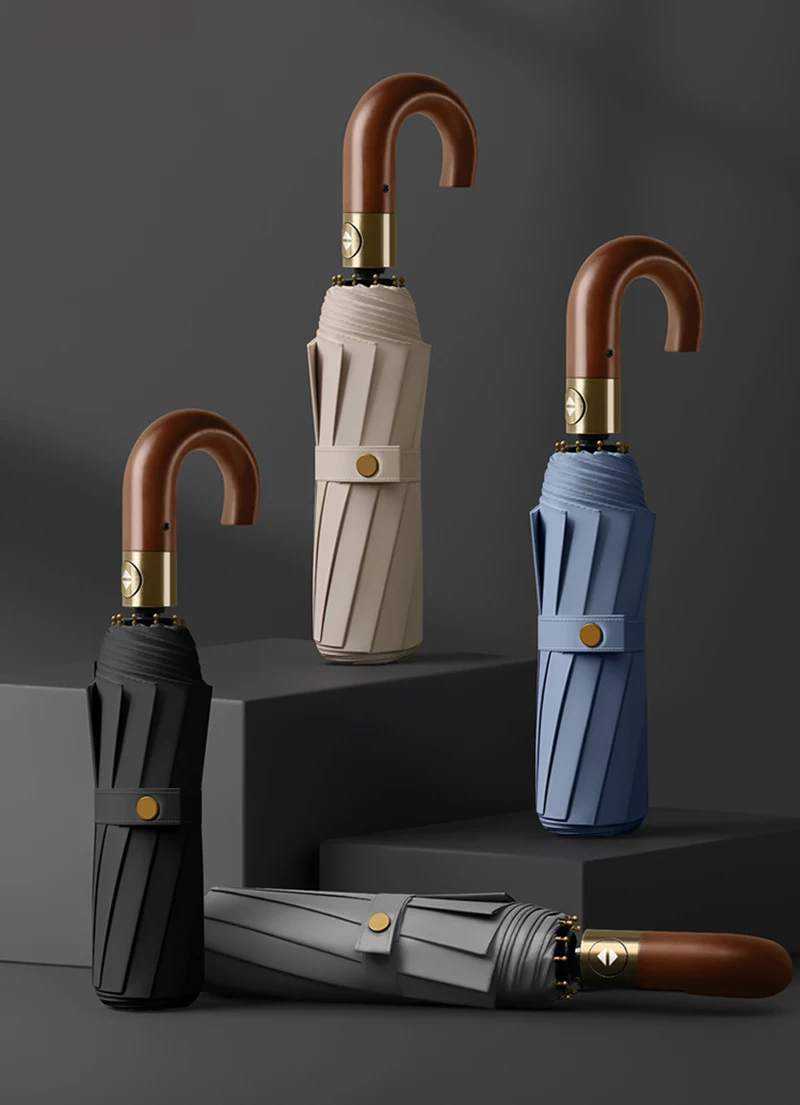 Vollautomatischer, gebogener Haken mit Holzgriff, winddichter Sonnenschutz-Klappschirm für Männer und Frauen bei sonnigem und regnerischem Wetter Image